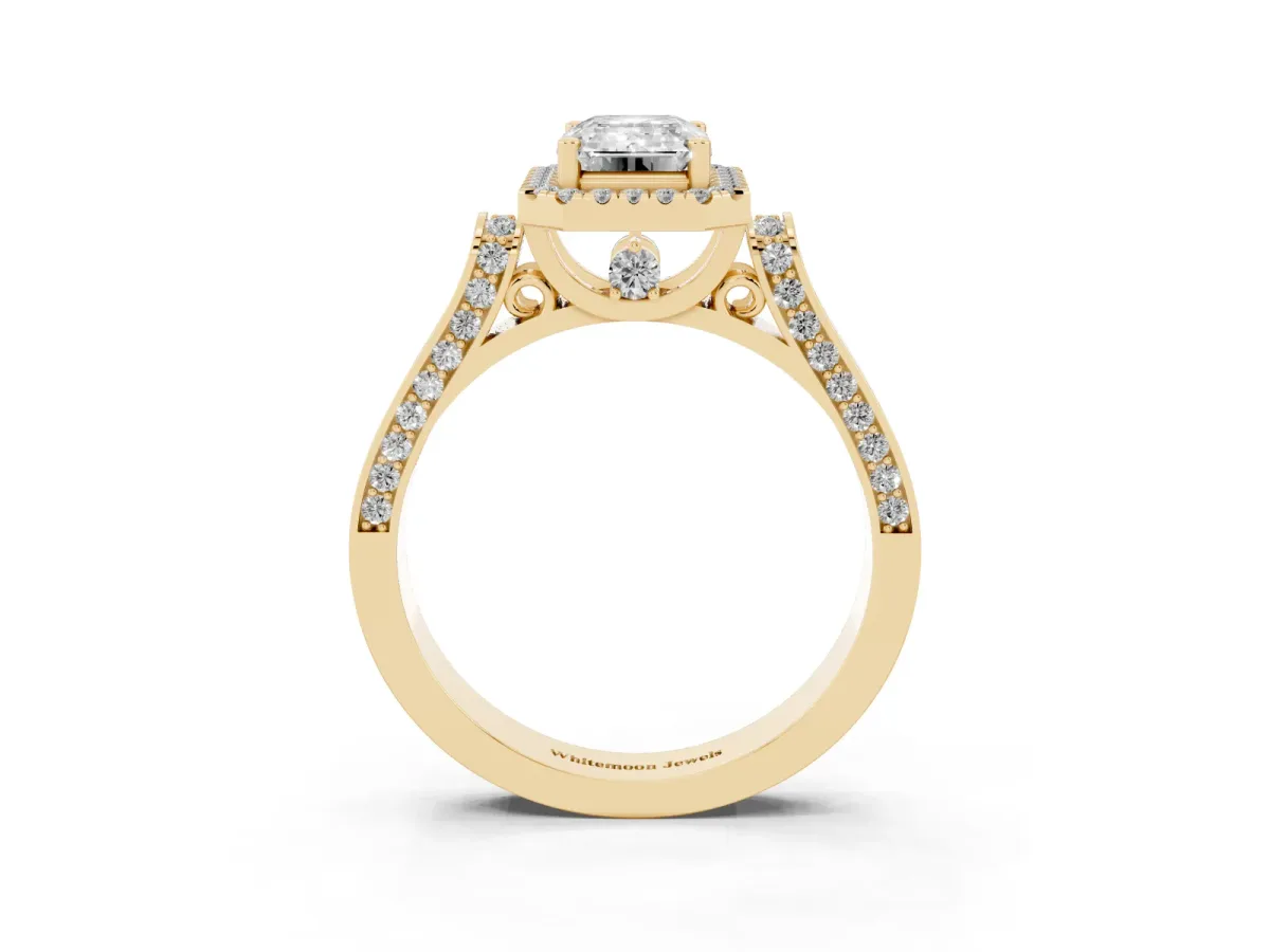 Emerald Cut Halo Round Diamond Twist Band with Four-Prong Setting Yellow gold