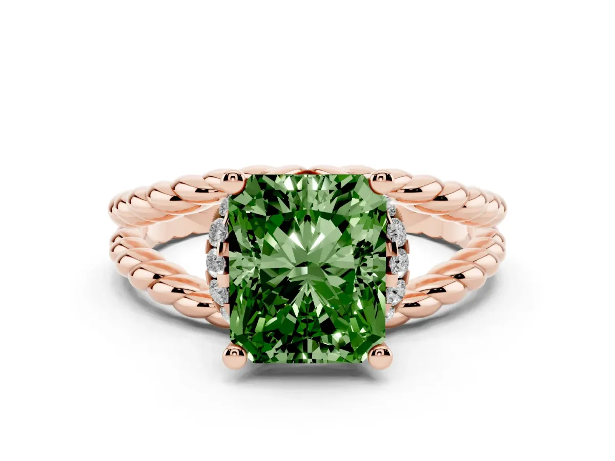 Fancy Green Radiant Cut Halo Twisted Band Four-Prong Ring Rose gold