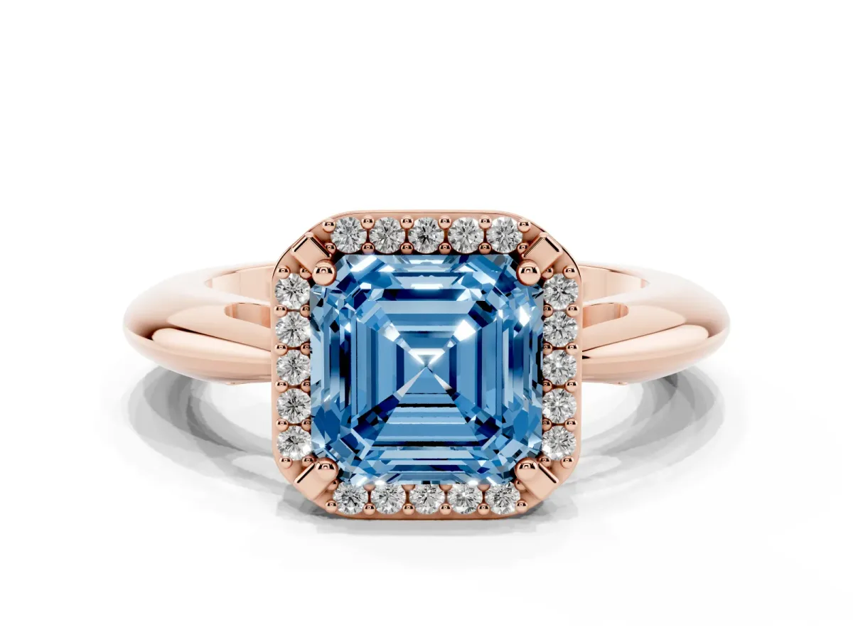 Fancy Blue Asscher Cut Cut Diamond Halo Engagement Ring with Split Shank and Four-Prong Setting Rose gold