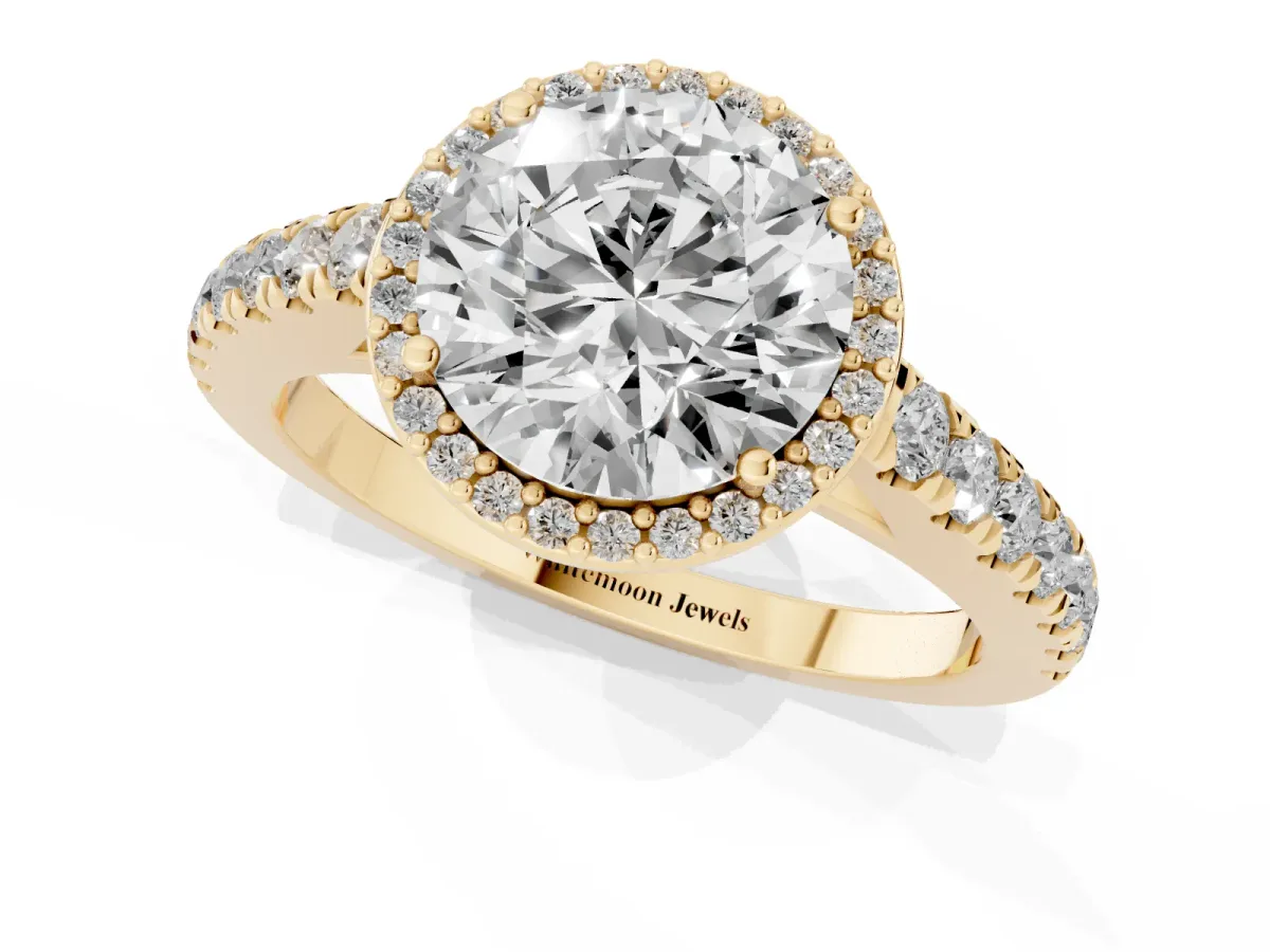 Round Cut Cut Halo Diamond Engagement Ring with Pave Band and Four-Prong Setting Yellow gold