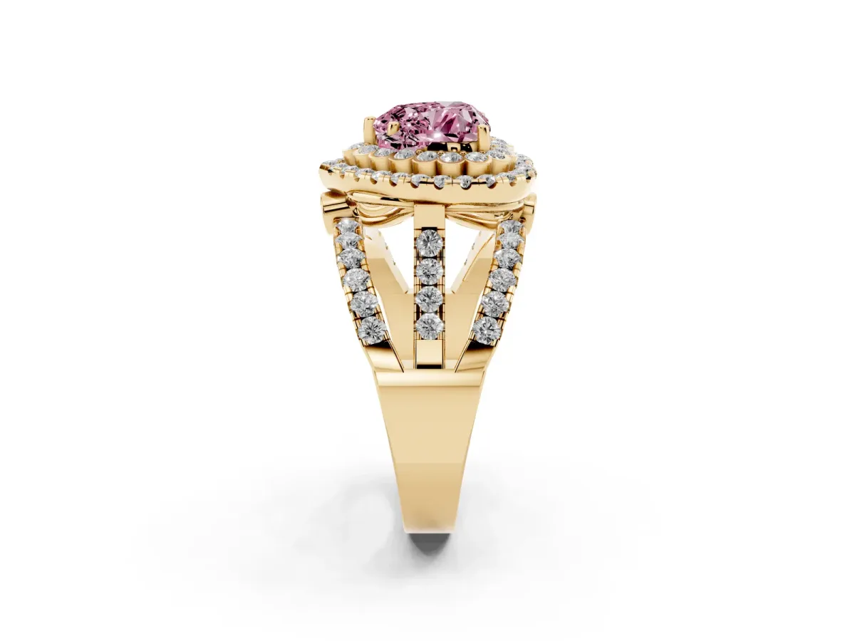 Fancy Pink Heart Cut Diamond Double Halo Ring with Round Pavé Split Shank and Prong Setting Yellow gold