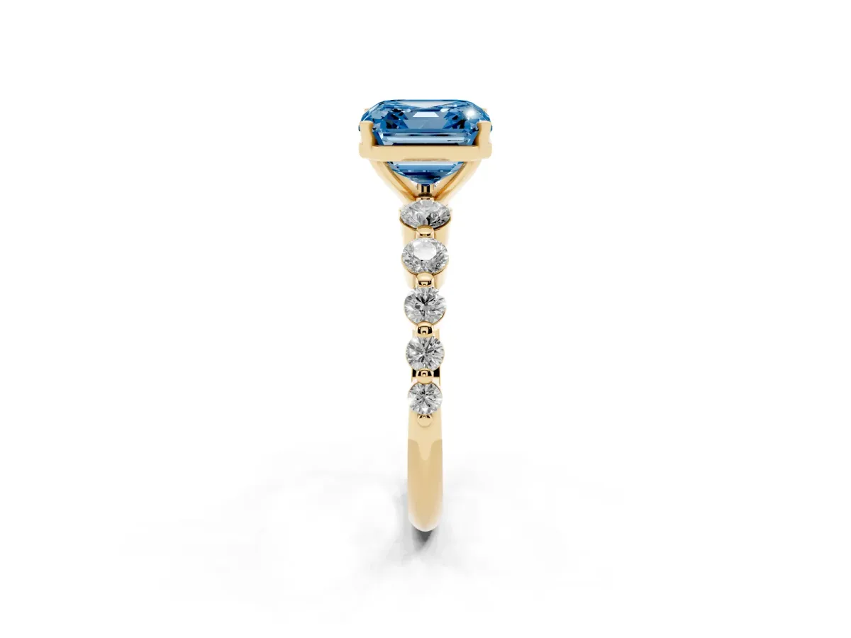 Fancy Blue Asscher Cut Solitaire Diamond Ring with Pave Band and Four-Prong Setting Yellow gold