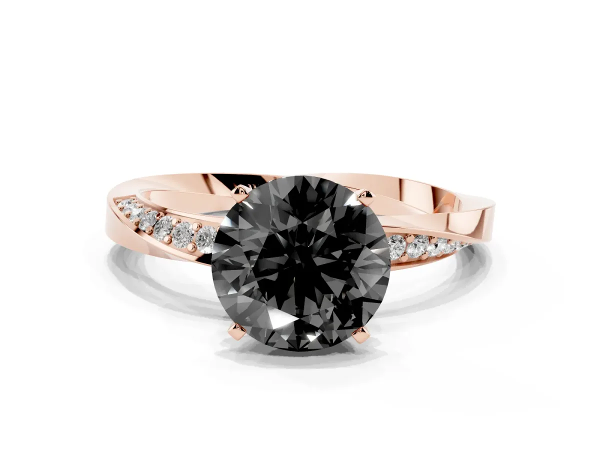 Fancy Black Round Cut Diamond Engagement Ring with Side Stone Accents and Four-Prong Setting Rose gold