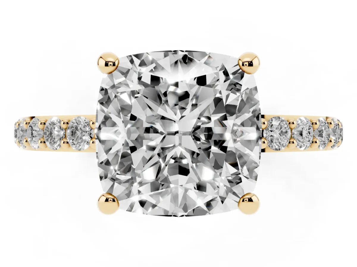 Cushion Cut Diamond Solitaire Ring with Round Pavé Band and Prong Setting Yellow gold