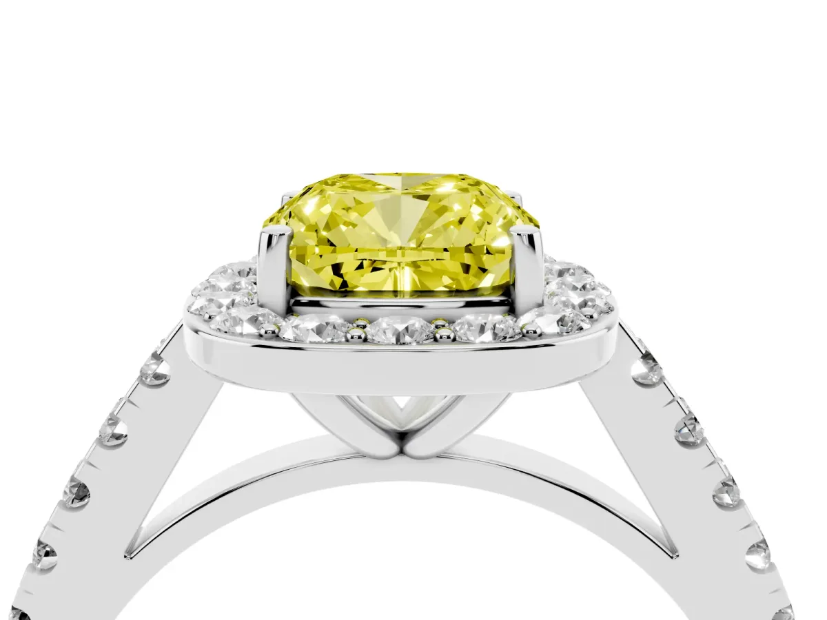 Fancy Yellow Cushion Cut Diamond Halo Ring with Round Pavé Split Shank and Prong Setting Silver