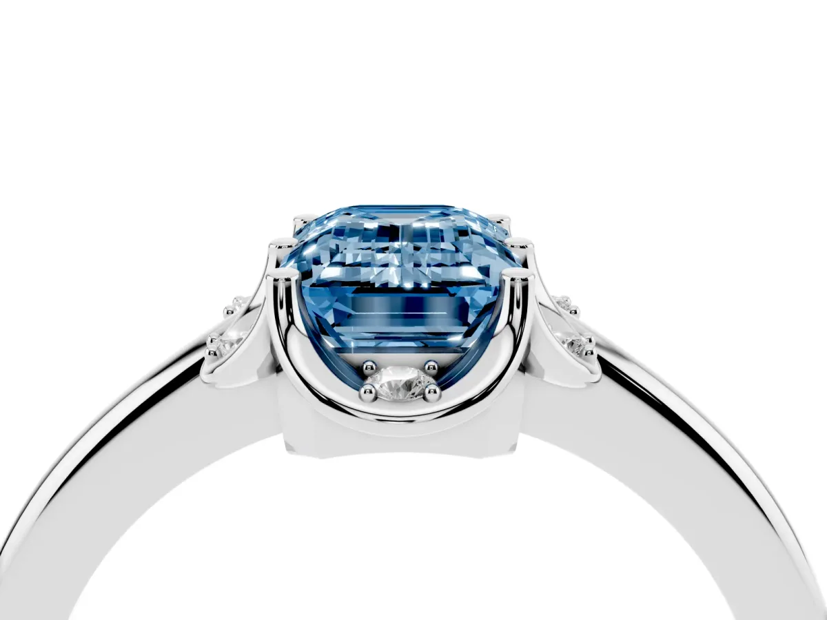 Fancy Blue Emerald Cut Halo Diamond Ring with Round Cluster Setting, Solitaire Band, and Four-Prong Setting Silver