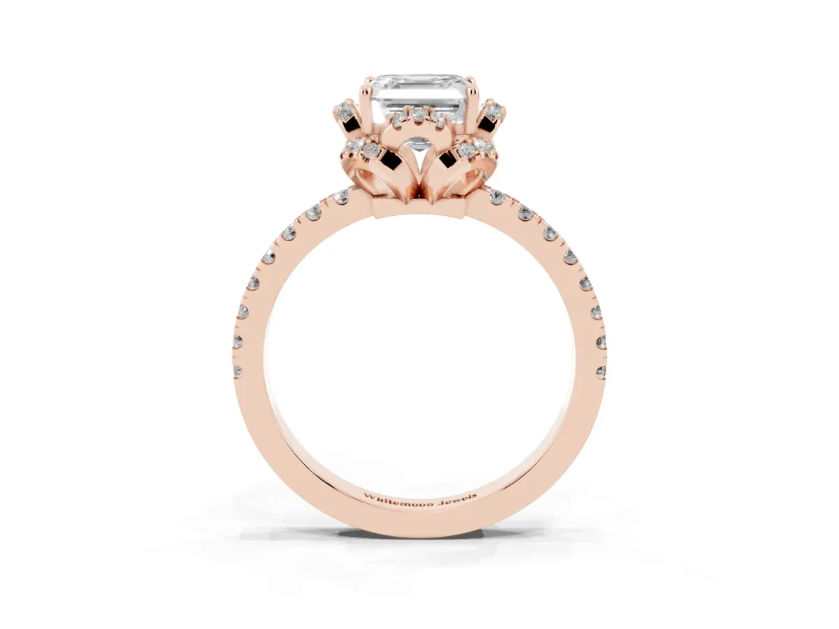 Asscher Cut Halo Diamond Pave Band Ring with Four-Prong Setting Rose gold