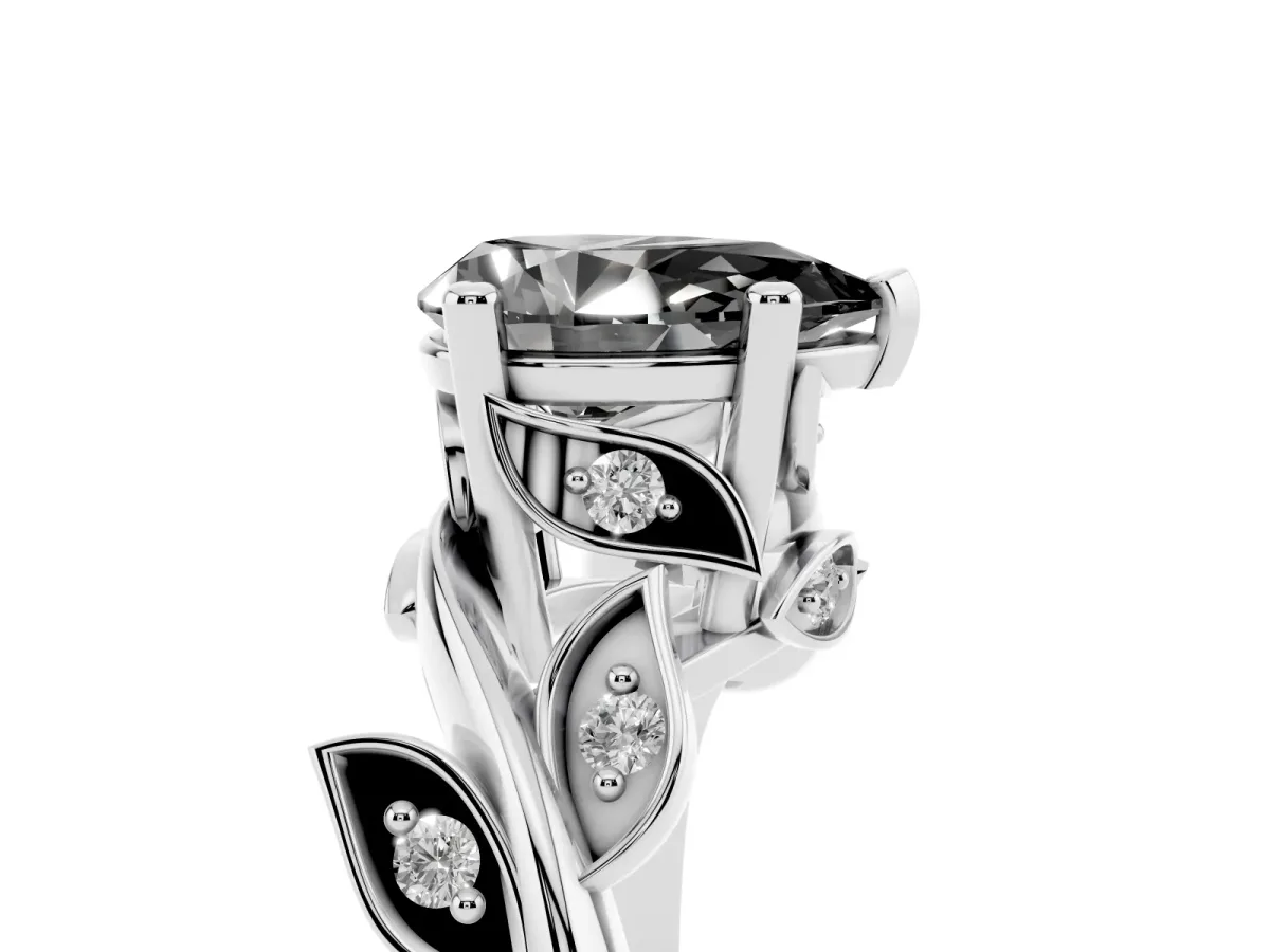 Fancy Black Pear Cut Solitaire Twist Engagement Ring with Leaf Accents and Prong Setting Silver