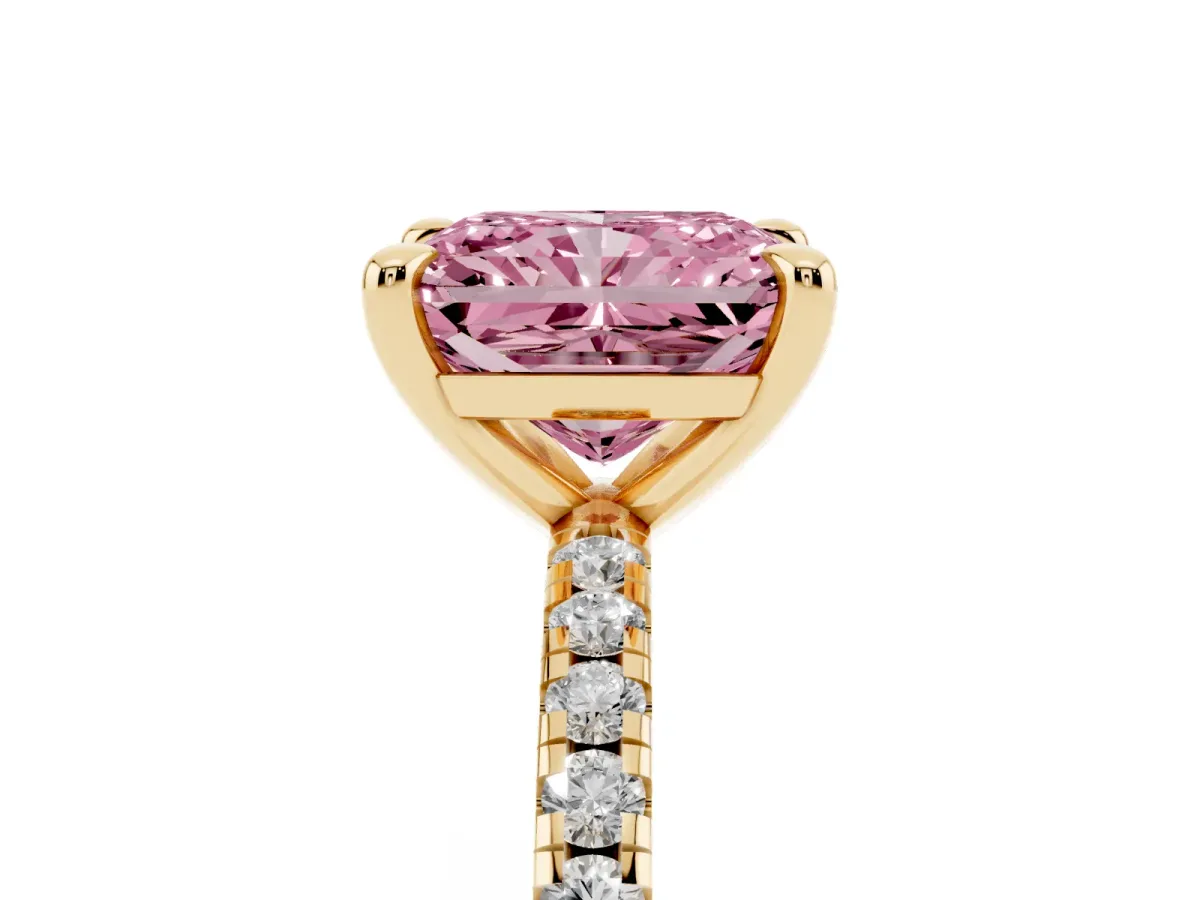 Fancy Pink Radiant Cut Diamond Brilliant Solitaire Ring with Pavé Band and Four-Prong Setting Yellow gold