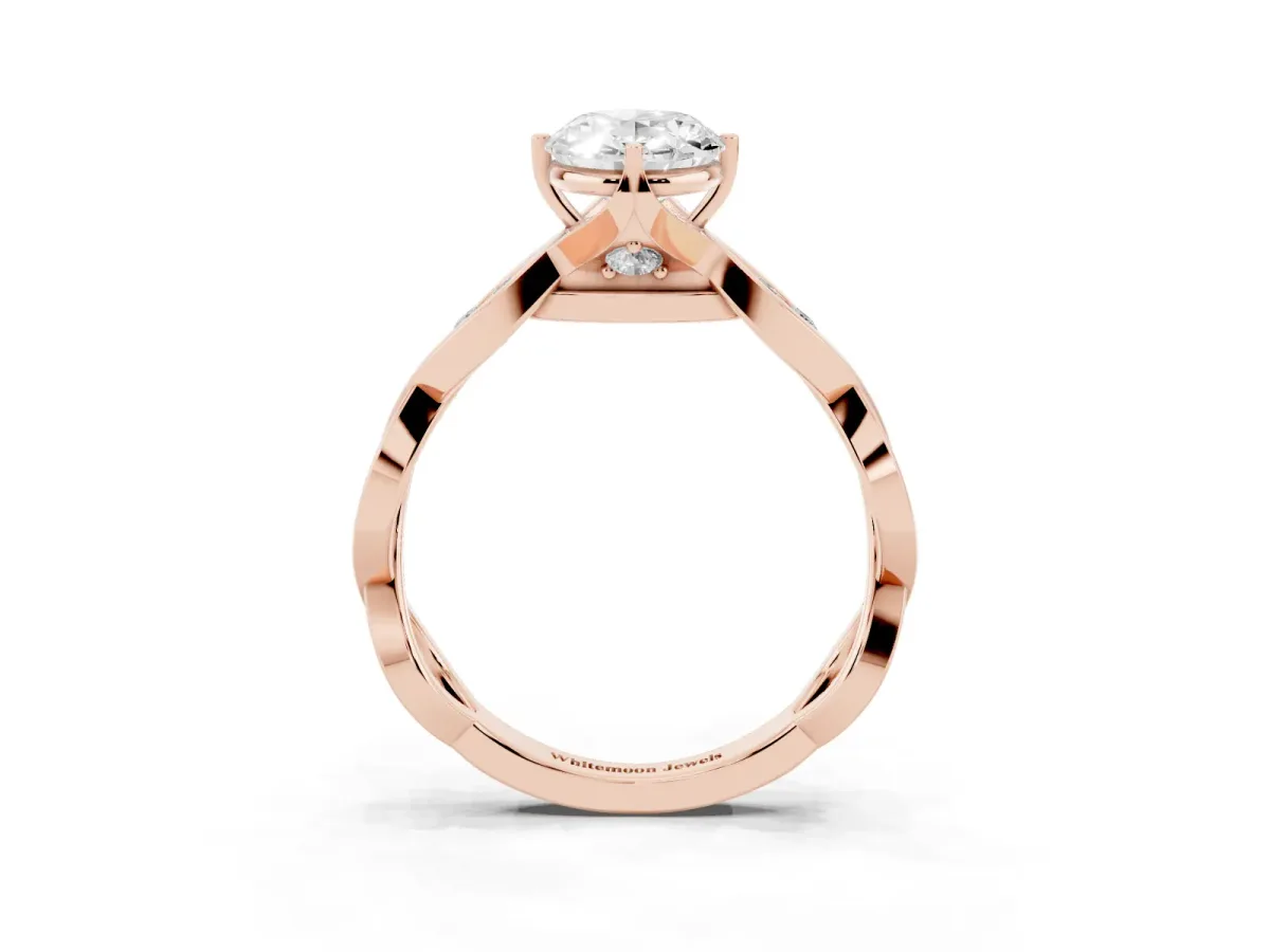 Oval Cut Solitaire Twist Band with Leaf Prong Setting Rose gold