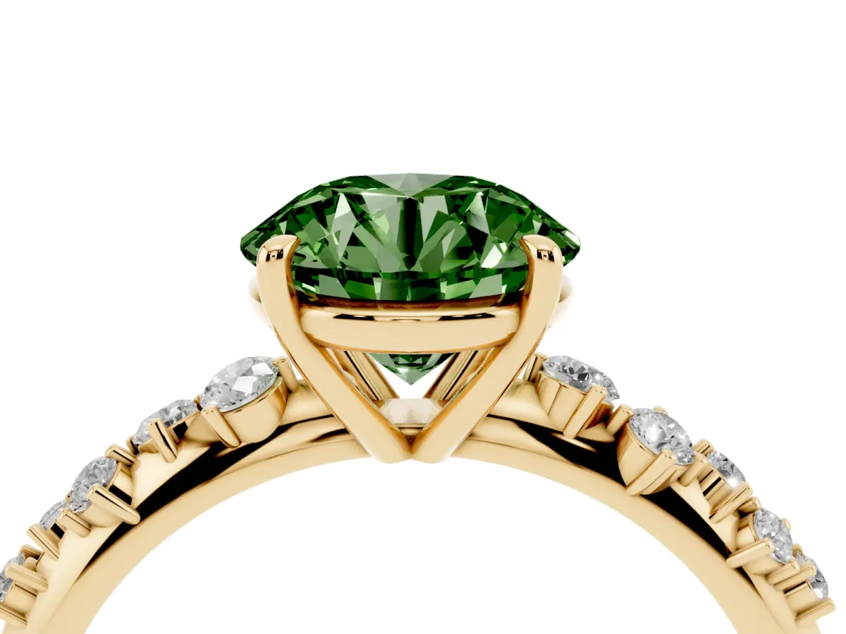 Fancy Green Round Cut Diamond Cluster Side Stone Solitaire Ring with Prong Setting Yellow gold