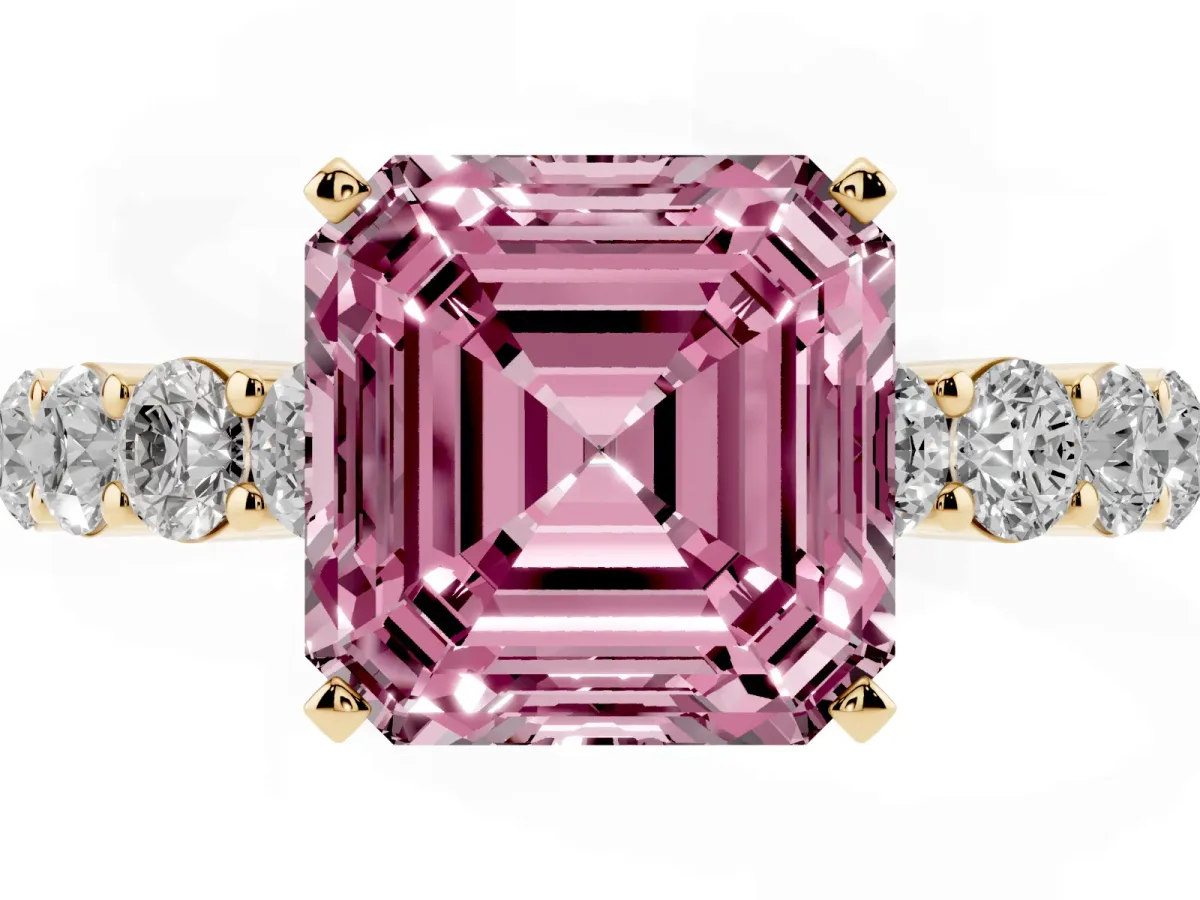 Fancy Pink Asscher Cut Diamond Solitaire Ring with Shared Prong Round Side Stones Yellow gold