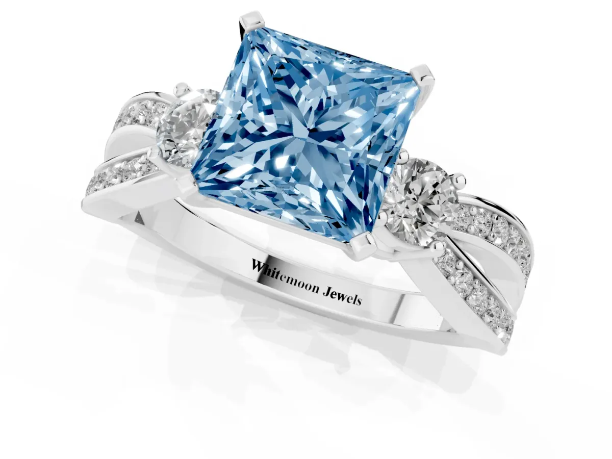 Fancy Blue Three-Stone Princess Cut Cut Diamond Twist Band with Prong Setting Silver