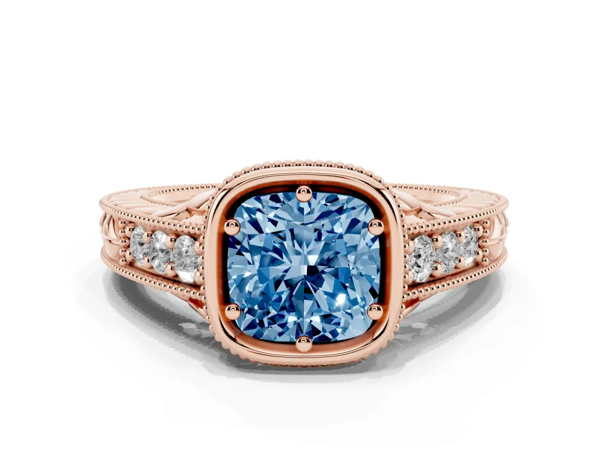 Fancy Blue Bezel Set Cushion Cut Diamond Milgrain Pave Engagement Ring Rose gold
