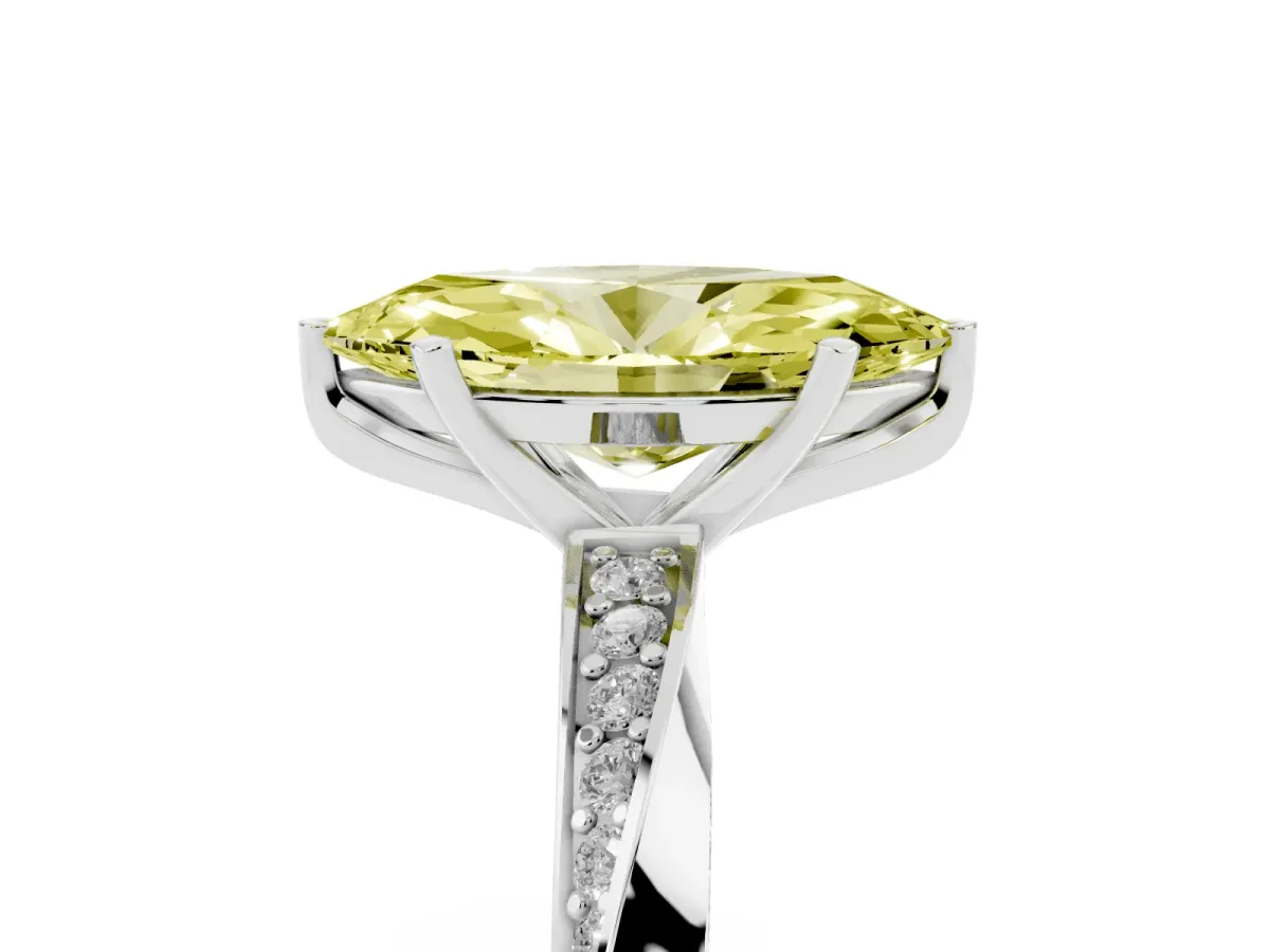 Fancy Yellow Marquise Cut Diamond Engagement Ring with Side Stone Accents and Four-Prong Setting Silver