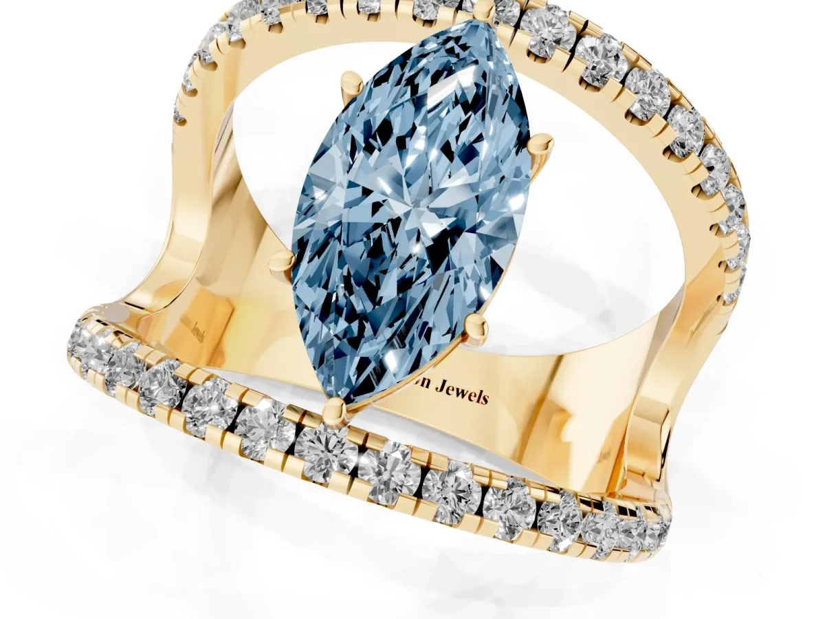 Fancy Blue Marquise Cut Solitaire Split Shank Pave Diamond Ring Yellow gold