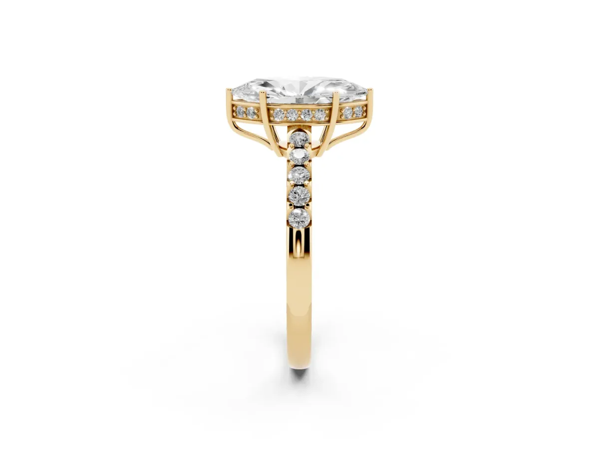 Marquise Cut Solitaire Diamond Engagement Ring with Pavé Band and Six-Prong Setting Yellow gold