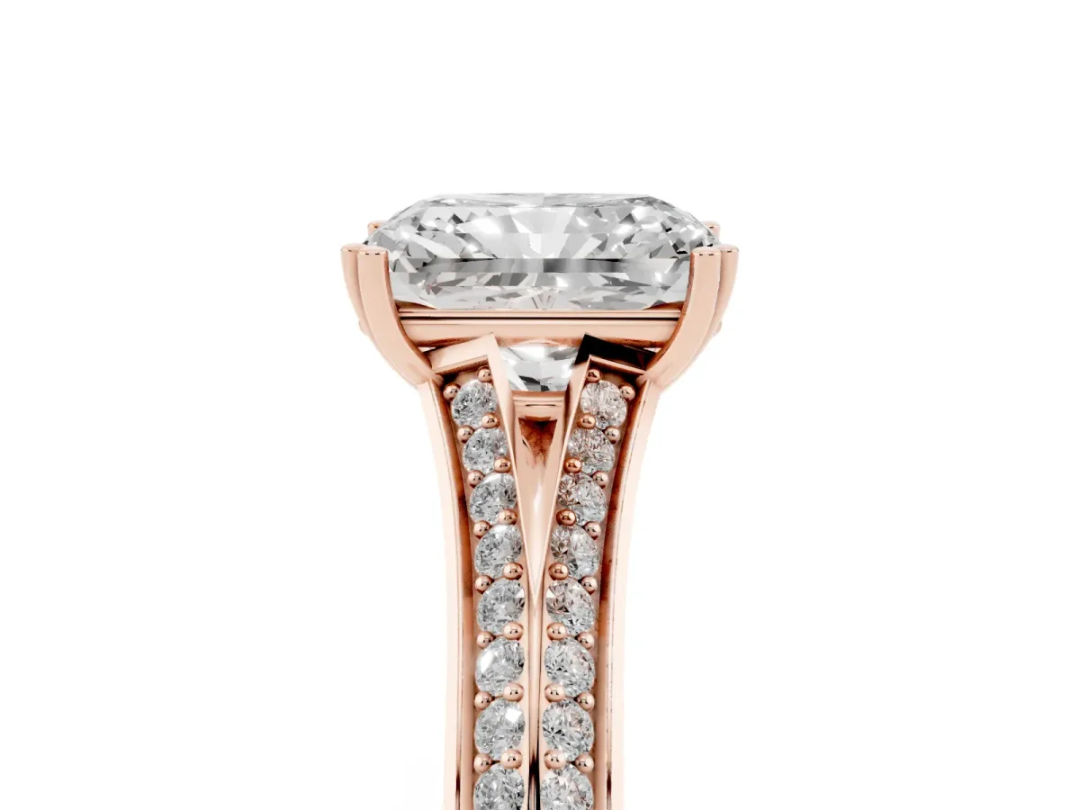 Radiant Cut Diamond Split Shank Engagement Ring with Pavé Band Rose gold