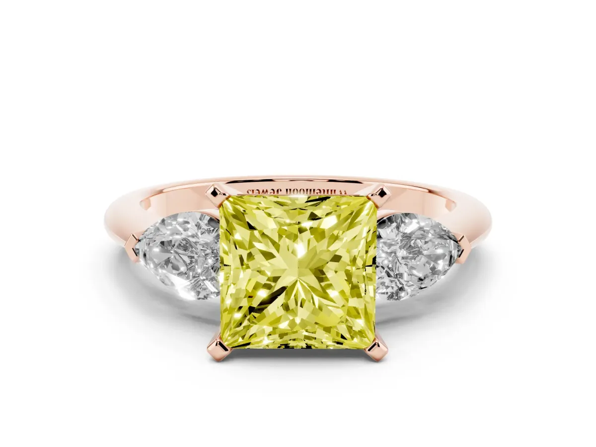 Fancy Yellow Three-Stone Princess Cut Diamond Ring with Pear Side Stones and Four-Prong Setting Rose gold