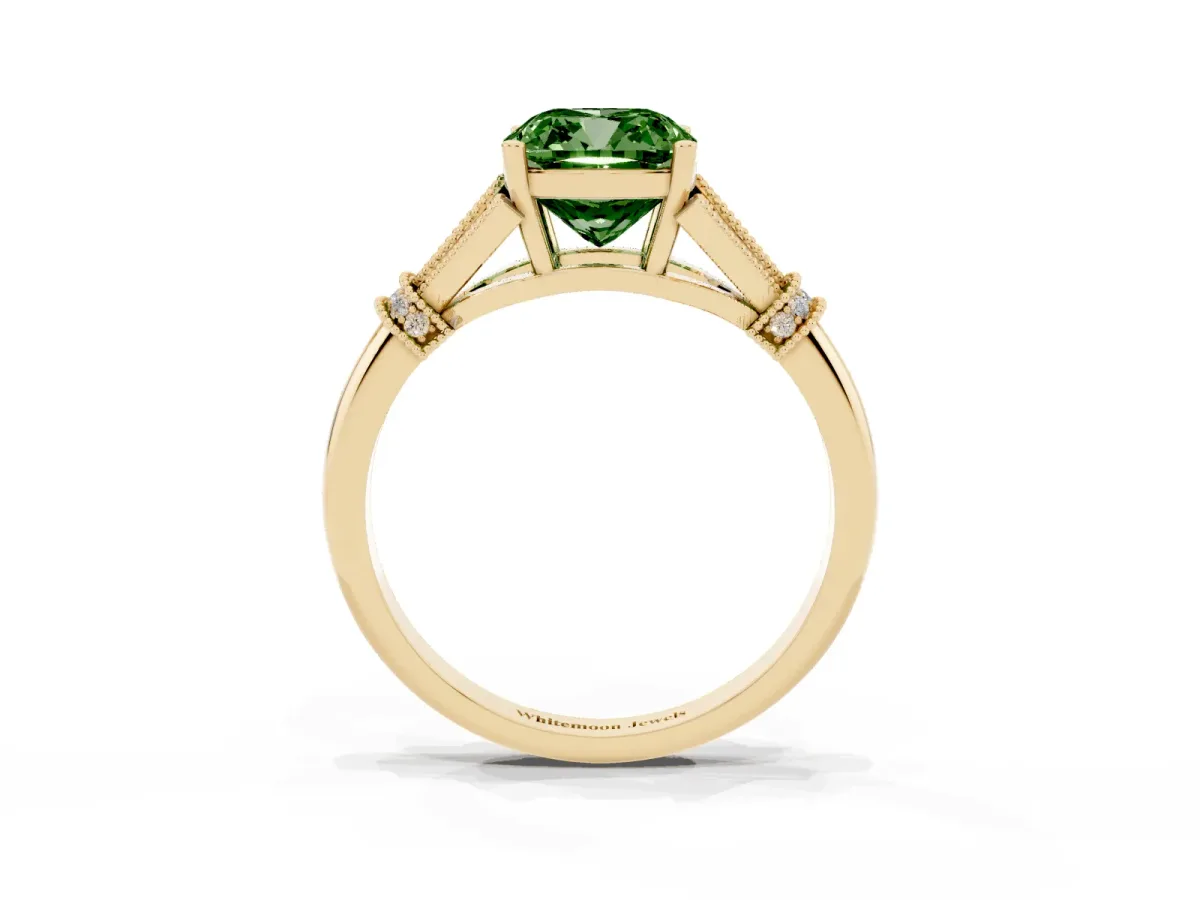 Fancy Green Cushion Cut Diamond Solitaire Ring with Floral Filigree and Pave Accents Yellow gold