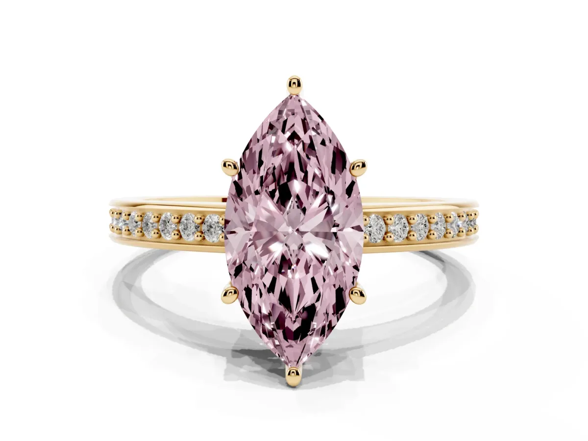 Fancy Pink Marquise Cut Solitaire Pavé Band Prong Setting Ring Yellow gold