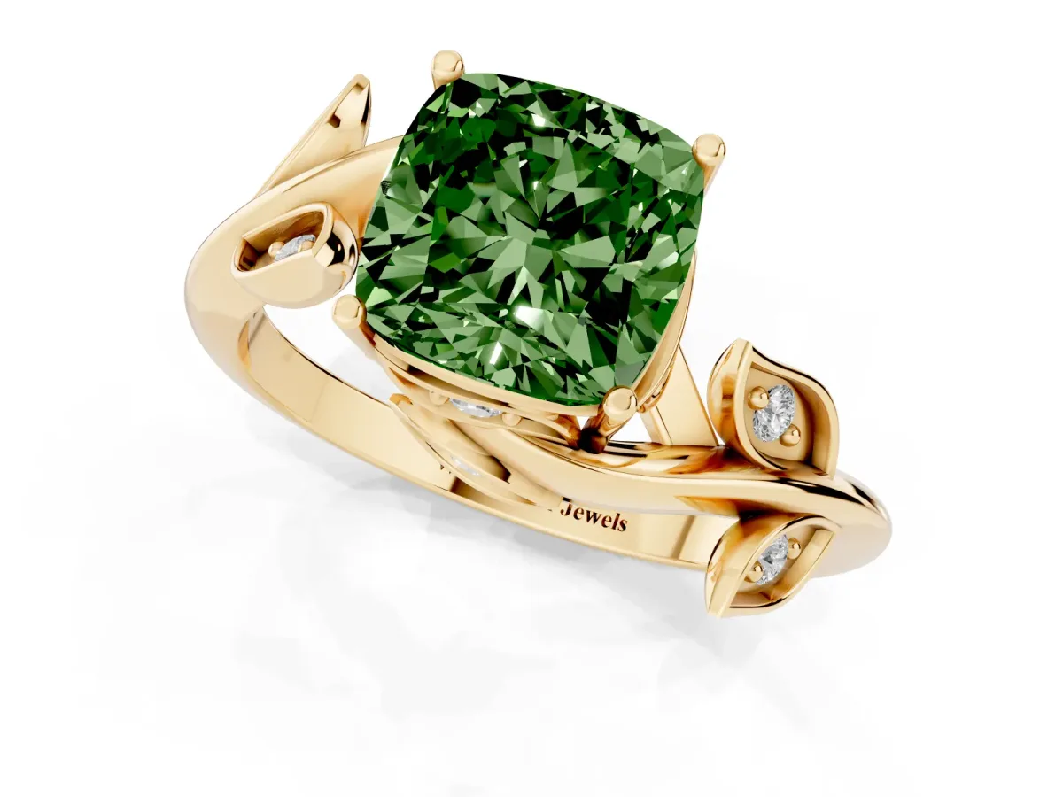 Fancy Green Cushion Cut Solitaire Twist Engagement Ring with Leaf Accents and Prong Setting Yellow gold