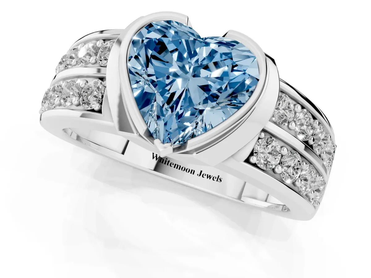 Fancy Blue Heart Cut Brilliant Diamond Channel Set Wide Band Ring with Bezel Setting Silver