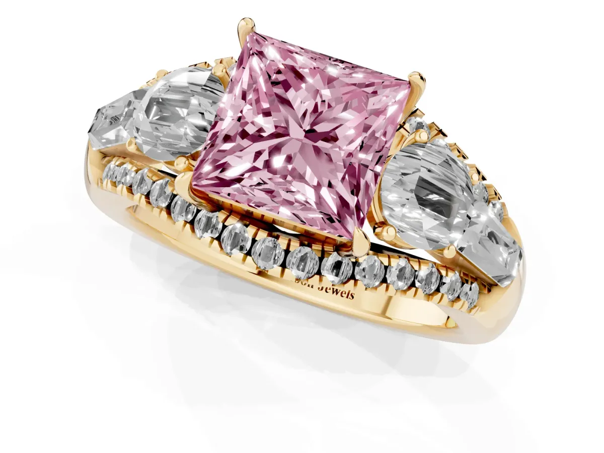Fancy Pink Three-Stone Princess Cut Diamond Engagement Ring with Pave Band and Prong Setting Yellow gold