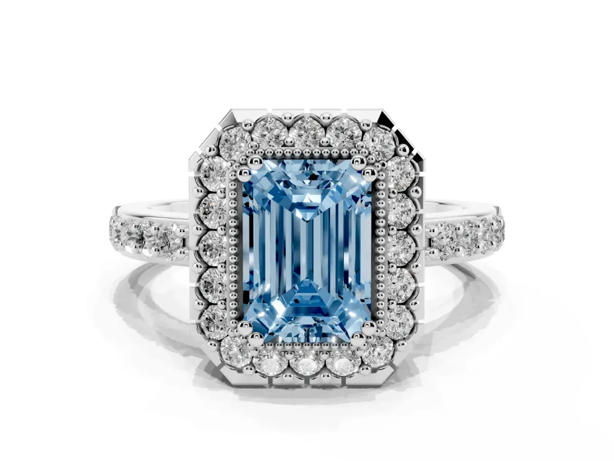 Fancy Blue Emerald Cut Diamond Halo Ring with Pavé Band and Prong Setting Silver