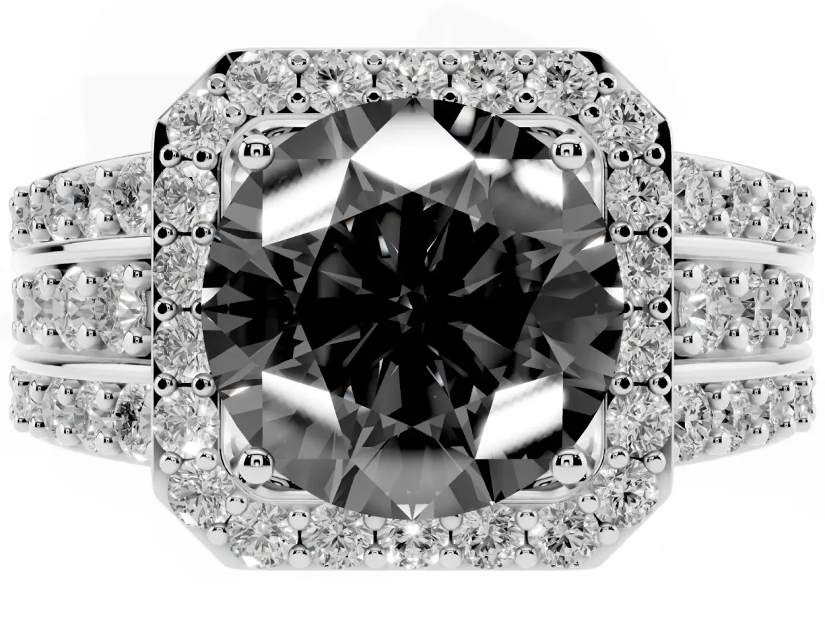 Fancy Black Round Cut Halo Diamond Ring with Round Split Shank and Prong Setting Platinum