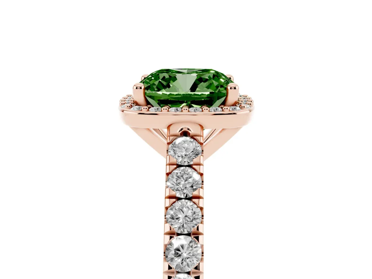 Fancy Green Cushion Cut Cut Halo Diamond Engagement Ring with Pave Band and Four-Prong Setting Rose gold