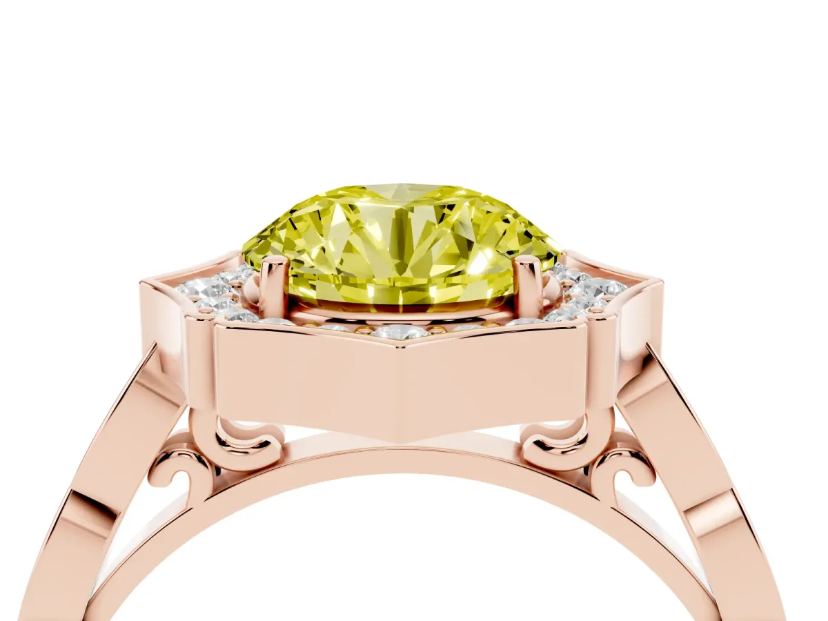 Fancy Yellow Round Cut Halo Diamond Engagement Ring with Milgrain Band and Four-Prong Setting Rose gold
