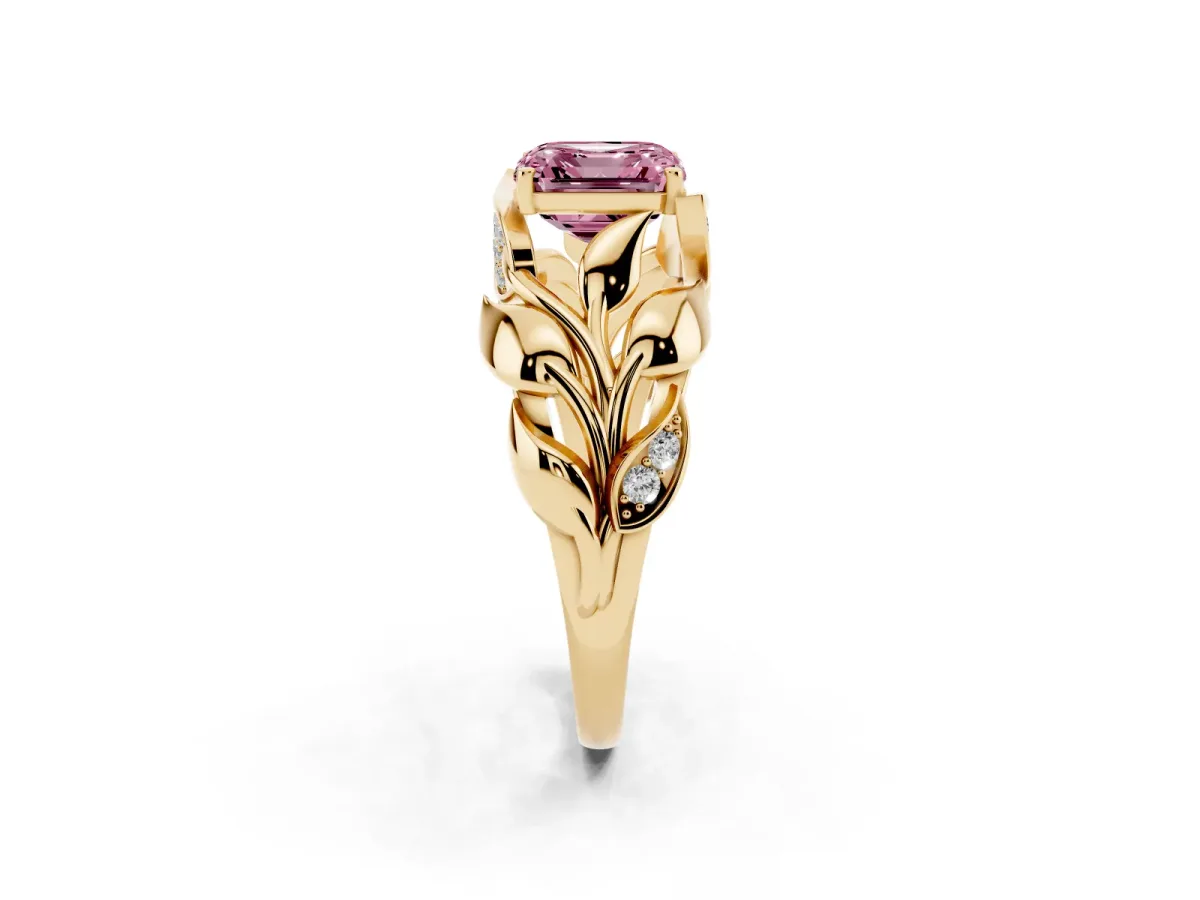 Fancy Pink Asscher Cut Diamond Leaf-Inspired Engagement Ring with Round Accents and Prong Setting Yellow gold