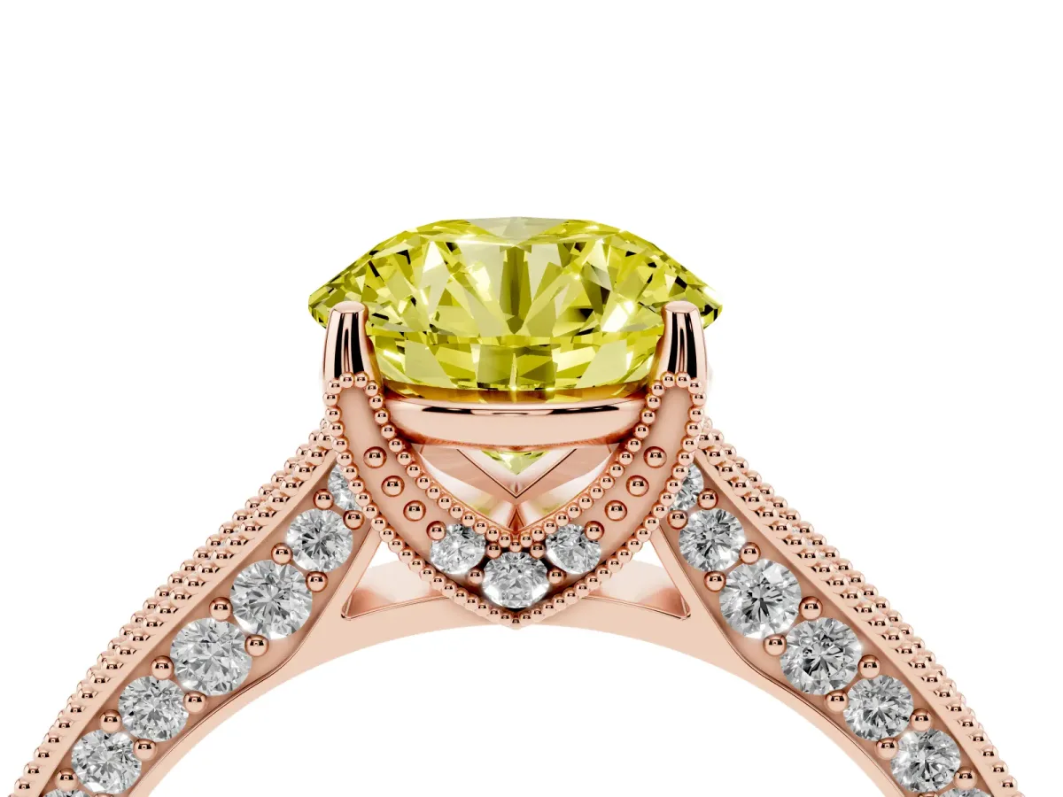Fancy Yellow Round Cut Cut Diamond Solitaire Ring with Milgrain Pave Band and Four Prong Setting Rose gold
