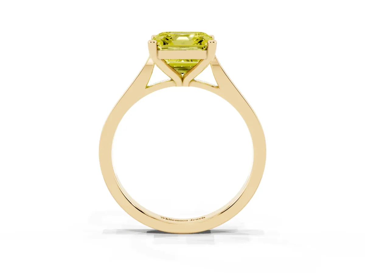 Fancy Yellow Asscher Cut Solitaire Diamond Ring with Four-Prong Setting and Tapered Band Yellow gold