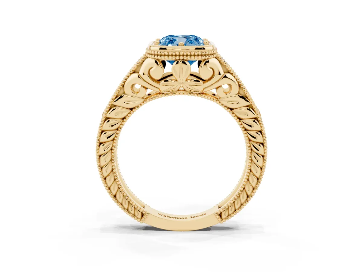 Fancy Blue Bezel Set Cushion Cut Diamond Milgrain Pave Engagement Ring Yellow gold