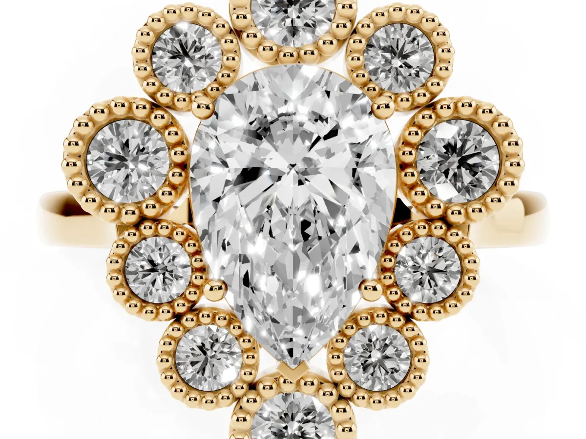 Pear Cut Halo Diamond Cluster Engagement Ring with Milgrain Bezel Setting and Solitaire Band Yellow gold