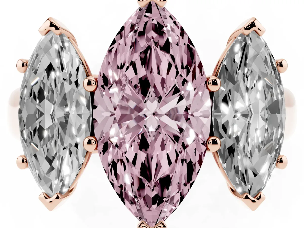 Fancy Pink Marquise Cut Three-Stone Diamond Ring with Prong Setting on a Classic Band Rose gold