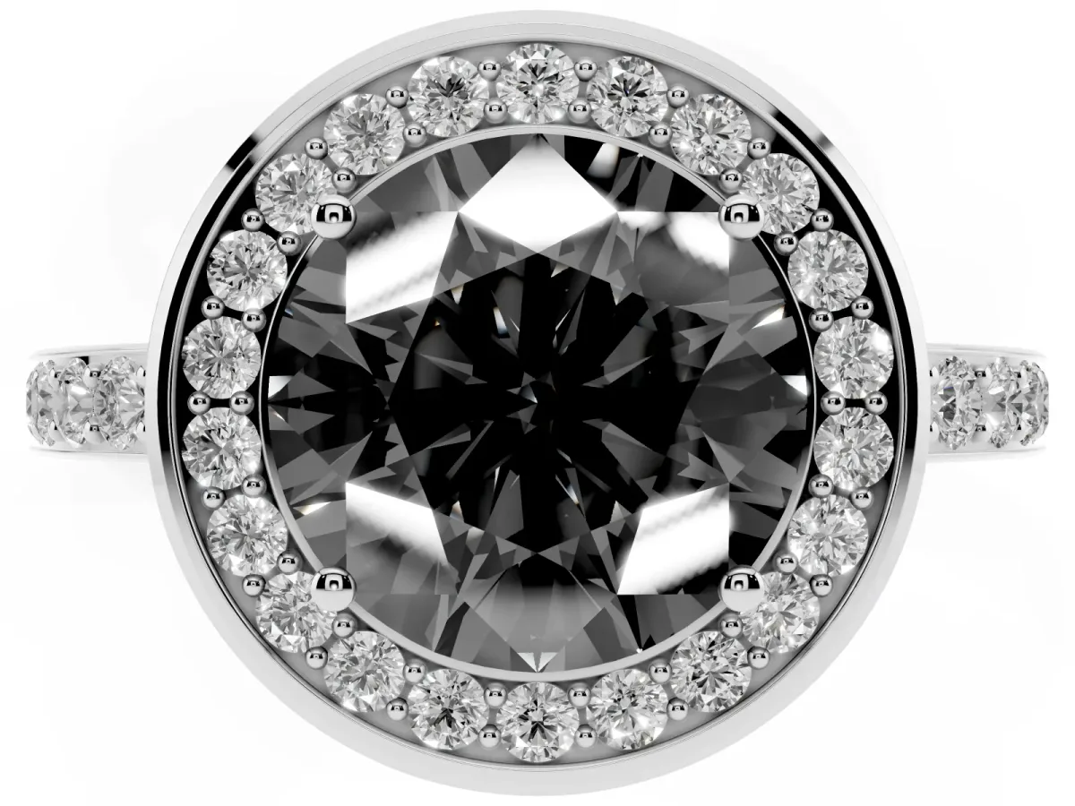 Fancy Black Round Cut Diamond Halo Ring with Bezel Frame and Pavé Band Silver