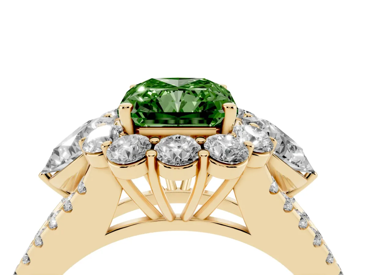 Fancy Green Radiant Cut Halo Split Shank Diamond Engagement Ring with Prong Setting Yellow gold