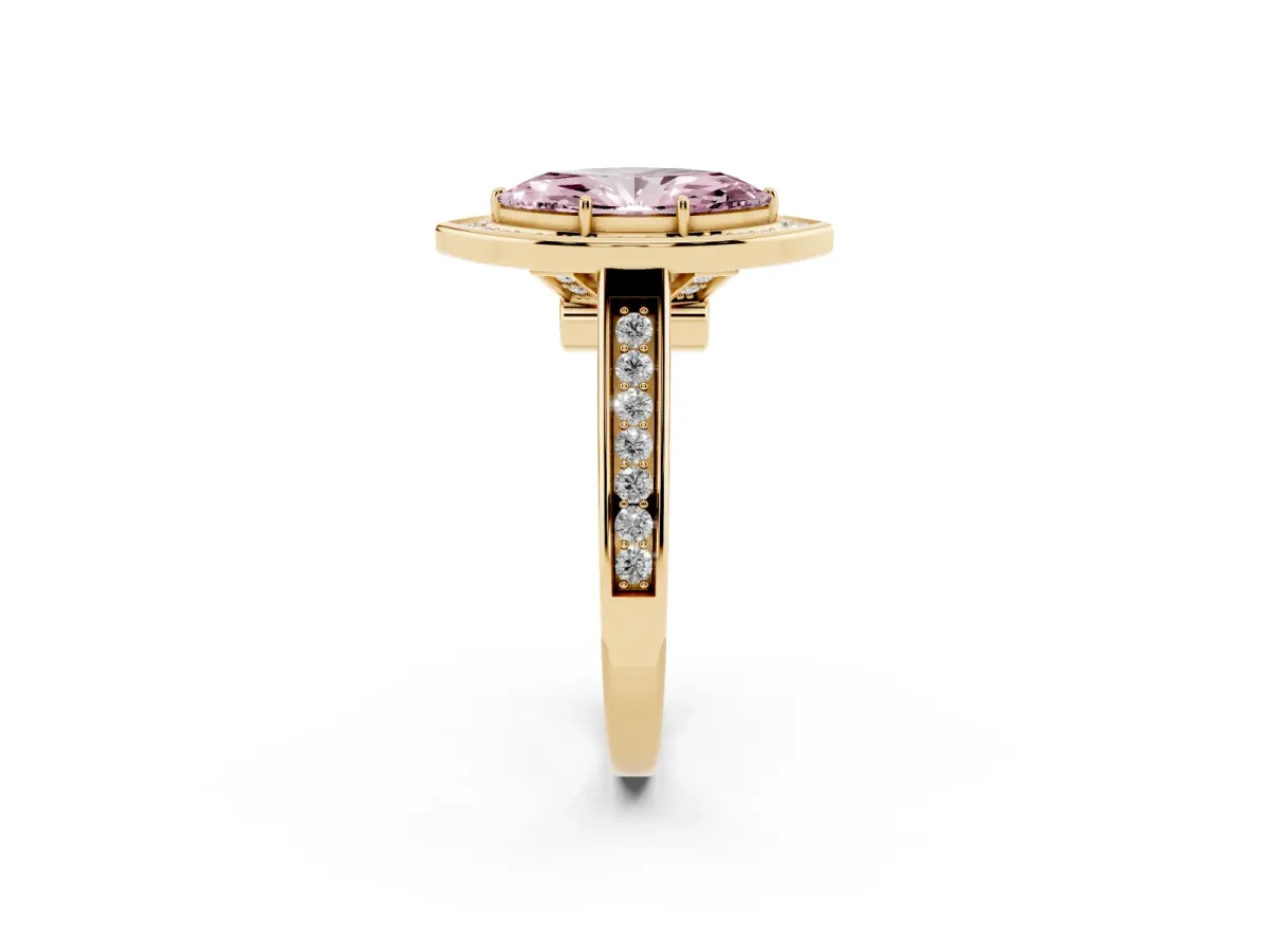 Fancy Pink Marquise Cut Halo Solitaire Diamond Ring with Pave Band and Bezel Setting Yellow gold