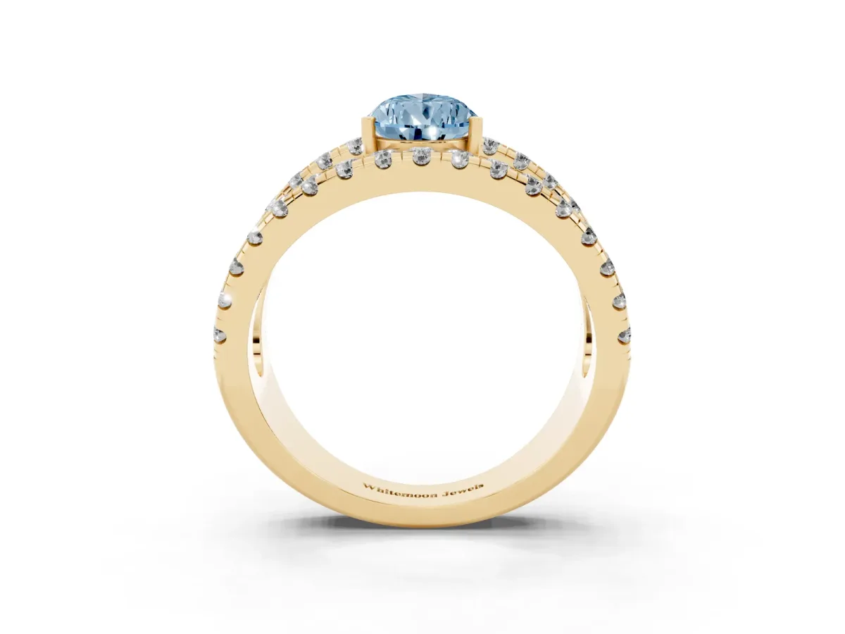 Fancy Blue Pear Cut Solitaire Split Shank Pave Diamond Ring Yellow gold