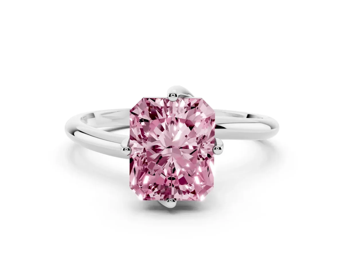 Fancy Pink Radiant Cut Diamond Solitaire Engagement Ring with Four-Prong Setting and Classic Band Silver