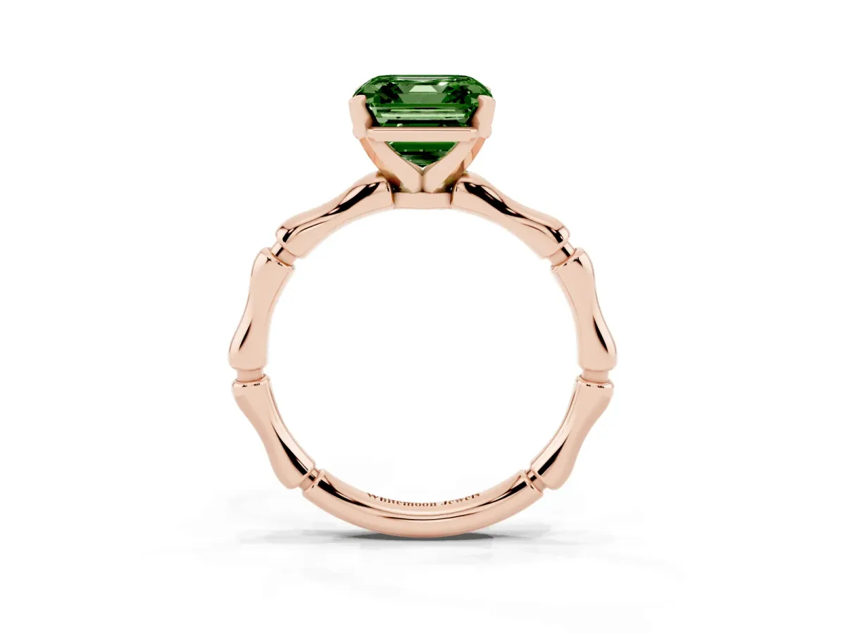 Fancy Green Asscher Cut Solitaire Diamond Ring with Bamboo Band and Four-Prong Setting Rose gold