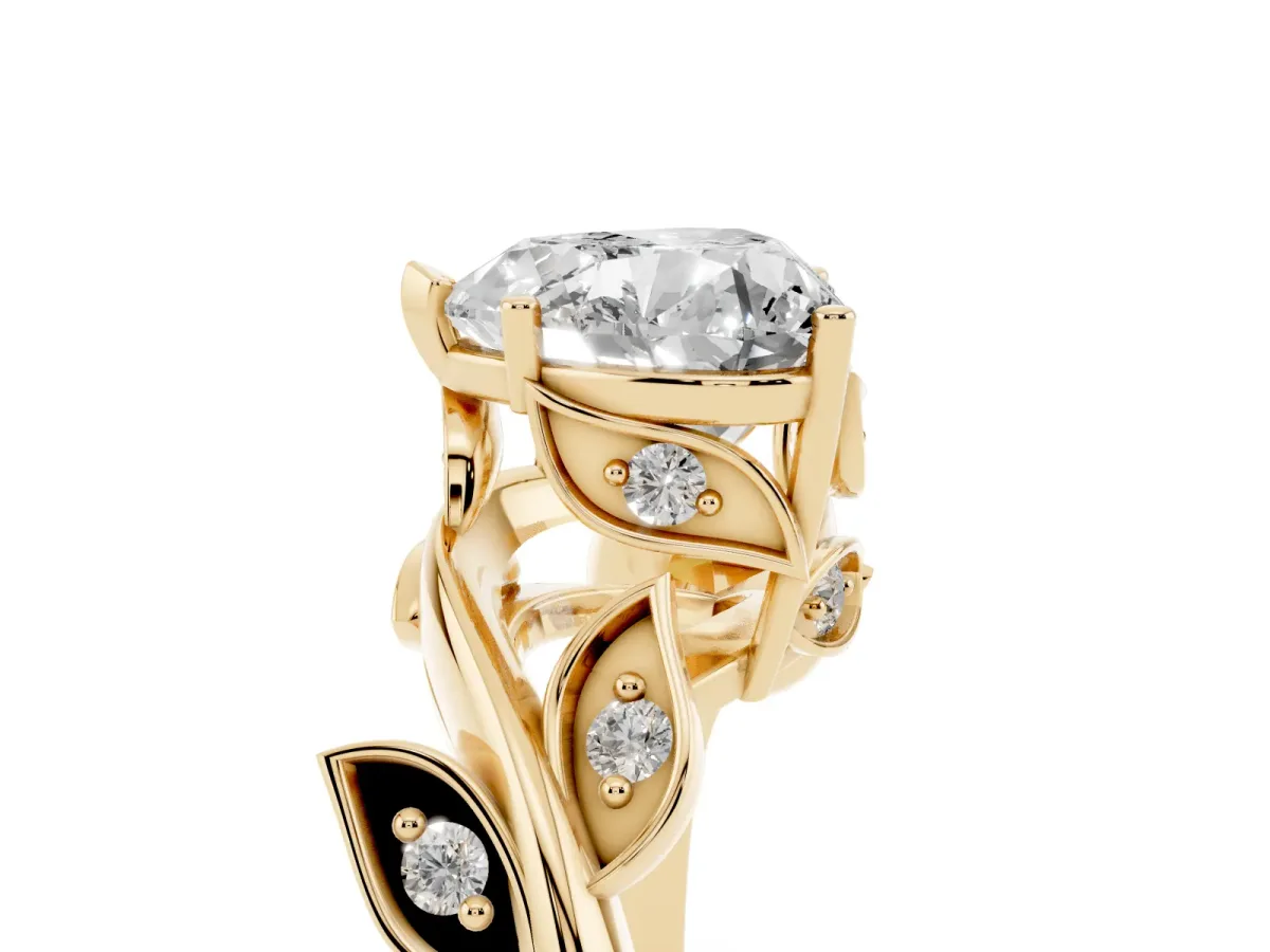 Heart Cut Solitaire Twist Engagement Ring with Leaf Accents and Prong Setting Yellow gold
