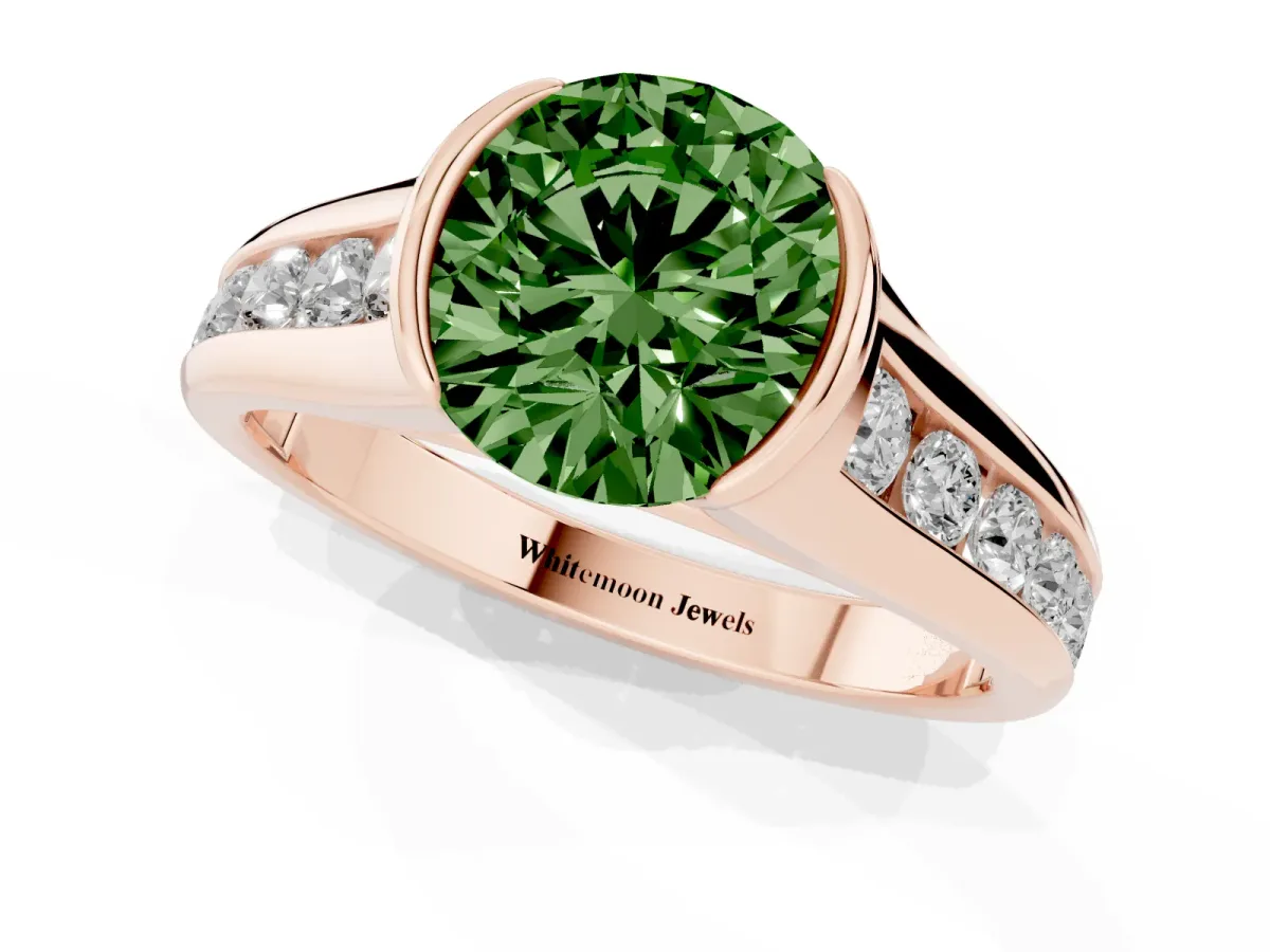 Fancy Green Round Cut Solitaire Bezel-Set Diamond Ring with Channel-Set Band Rose gold