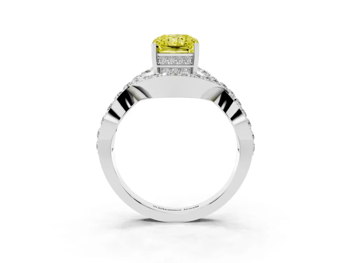 Fancy Yellow Radiant Cut Solitaire Twist Band Pavé Diamond Engagement Ring White gold