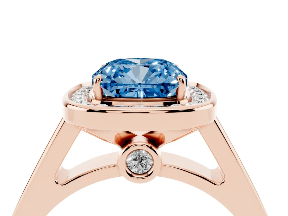 Fancy Blue Cushion Cut Halo Solitaire Diamond Ring with Pave Band and Bezel Setting Rose gold