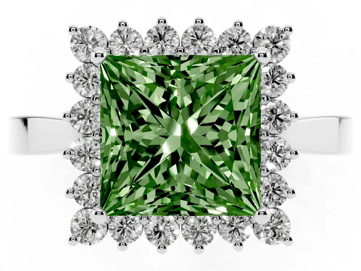 Fancy Green Princess Cut Cut Diamond Halo Ring with Round Brilliant Halo and Solitaire Band Silver