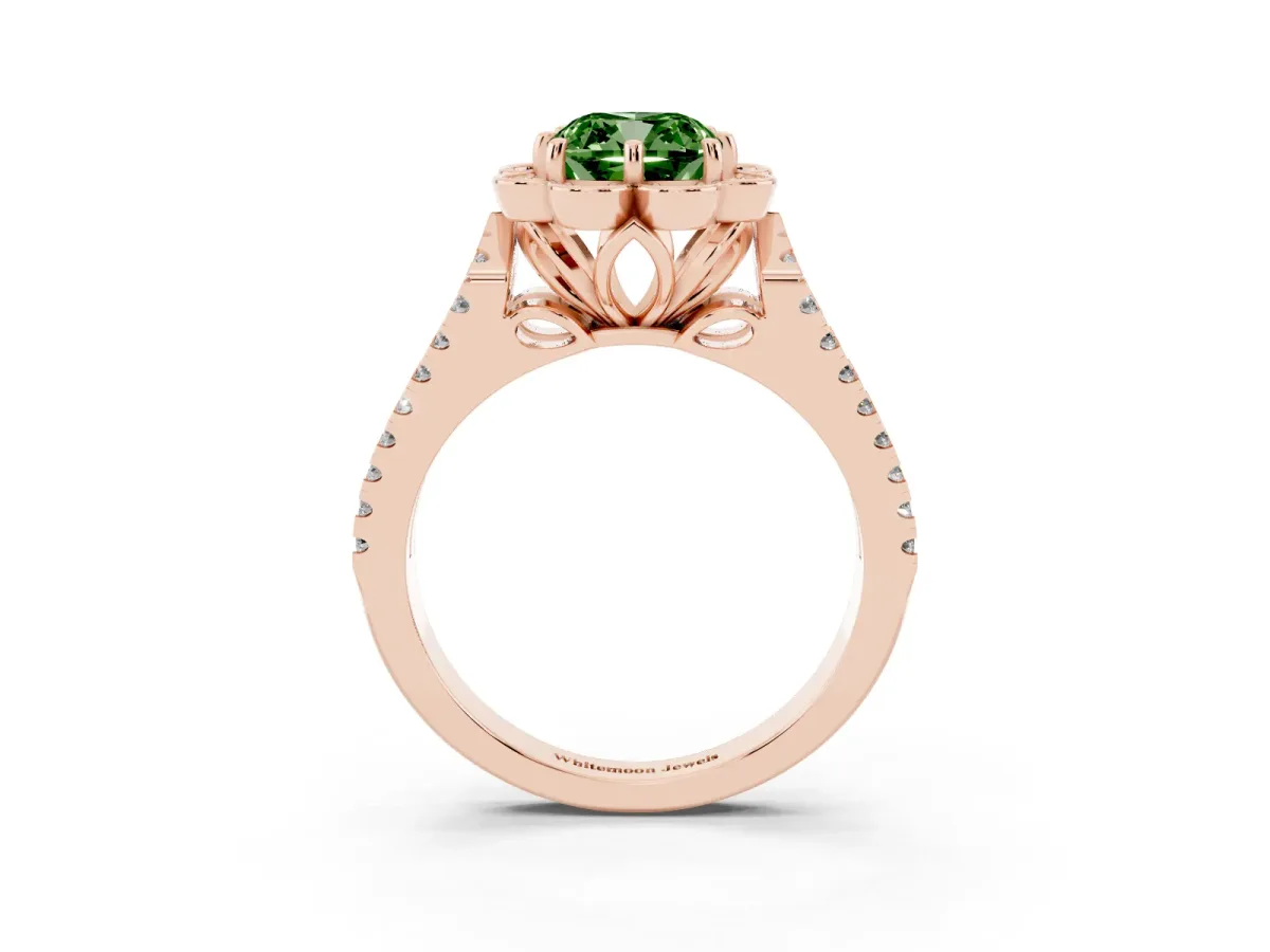 Fancy Green Cushion Cut Halo Diamond Floral Split Shank Engagement Ring Rose gold